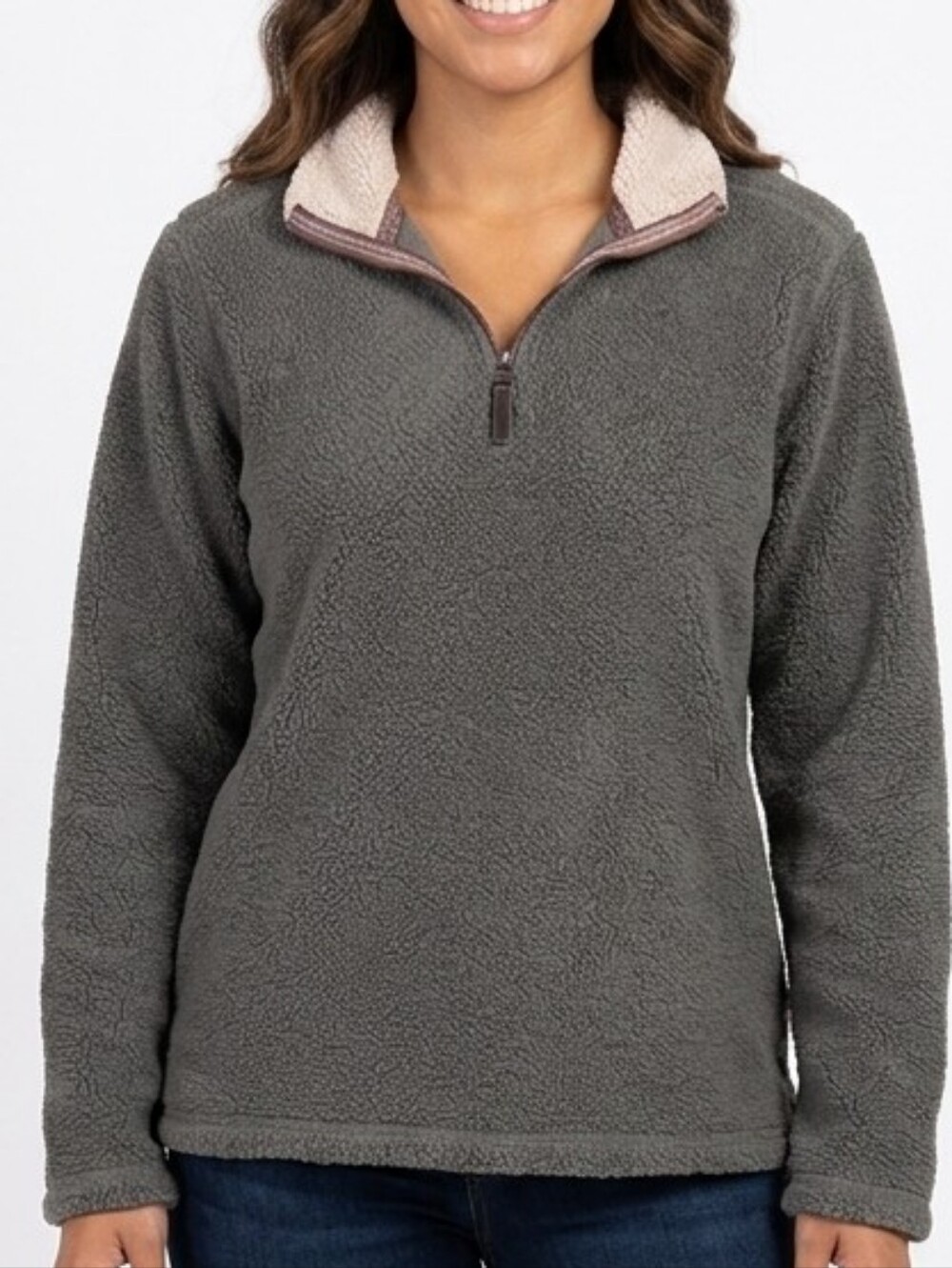Trinity Charcoal Gray Sherpa Quarter-Zip Pullover with Cream Contrast Collar